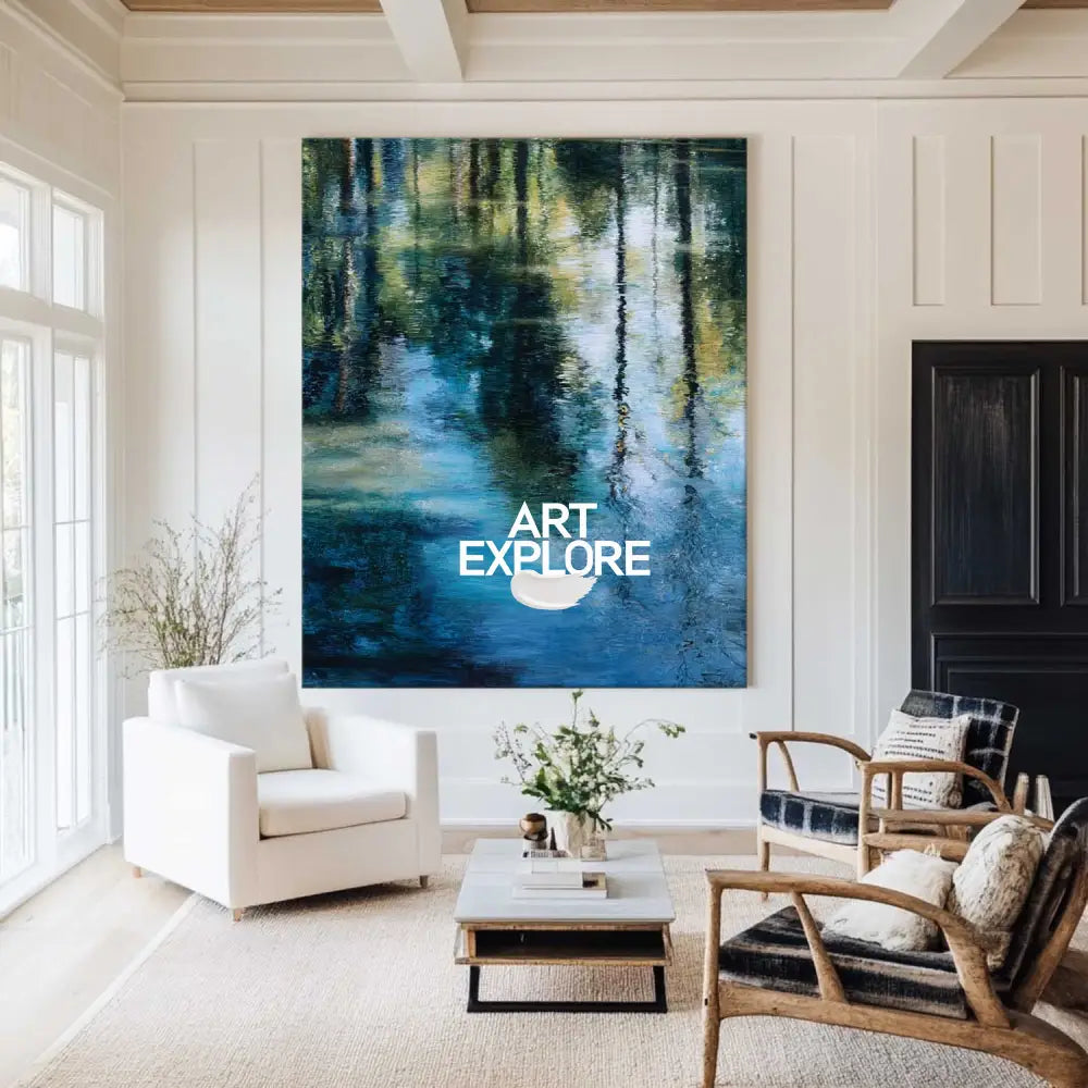 Modern Green Reflection Artwork – Large Impressionist Canvas for Living Room Decor | ArtExplore
