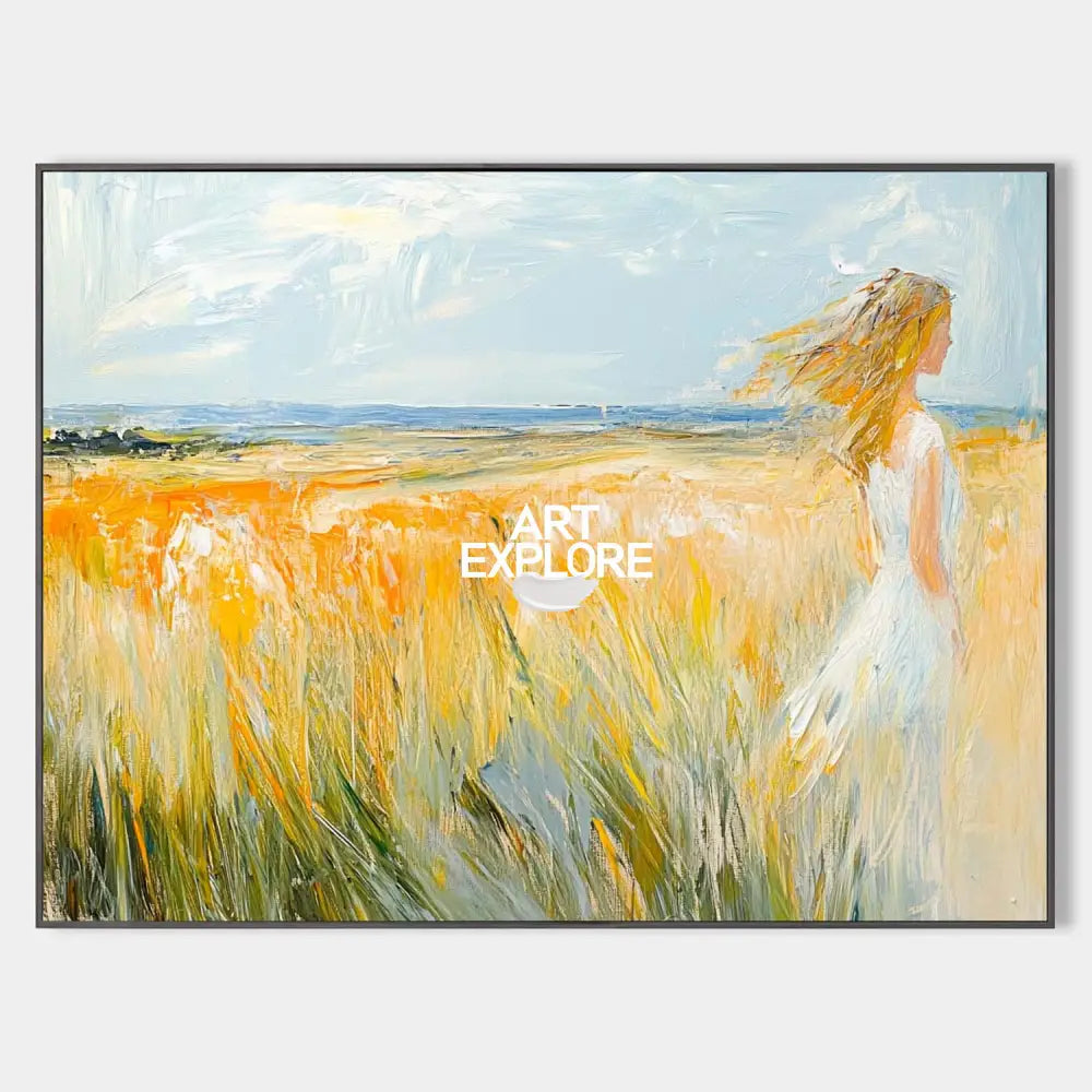 Large Beautiful Girl Seascapes Oil Painting Modern Seascape Textured Art Modern Canvas Art For Sale
