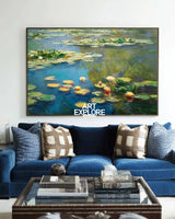 Modern Blue Green Water Lily Painting Large Lake Landscape Wall Art Blue Swamp Wall Art For Sale
