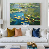 Modern Blue Green Water Lily Painting Large Lake Landscape Wall Art Blue Swamp Wall Art For Sale