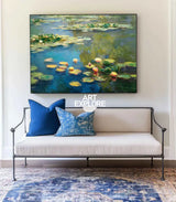 Modern Blue Green Water Lily Painting Large Lake Landscape Wall Art Blue Swamp Wall Art For Sale