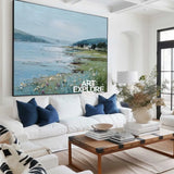 Large Blue Scenery Oil Painting Blue Lake Textured Wall Art Modern Blue Landscape Wall Art For Sale
