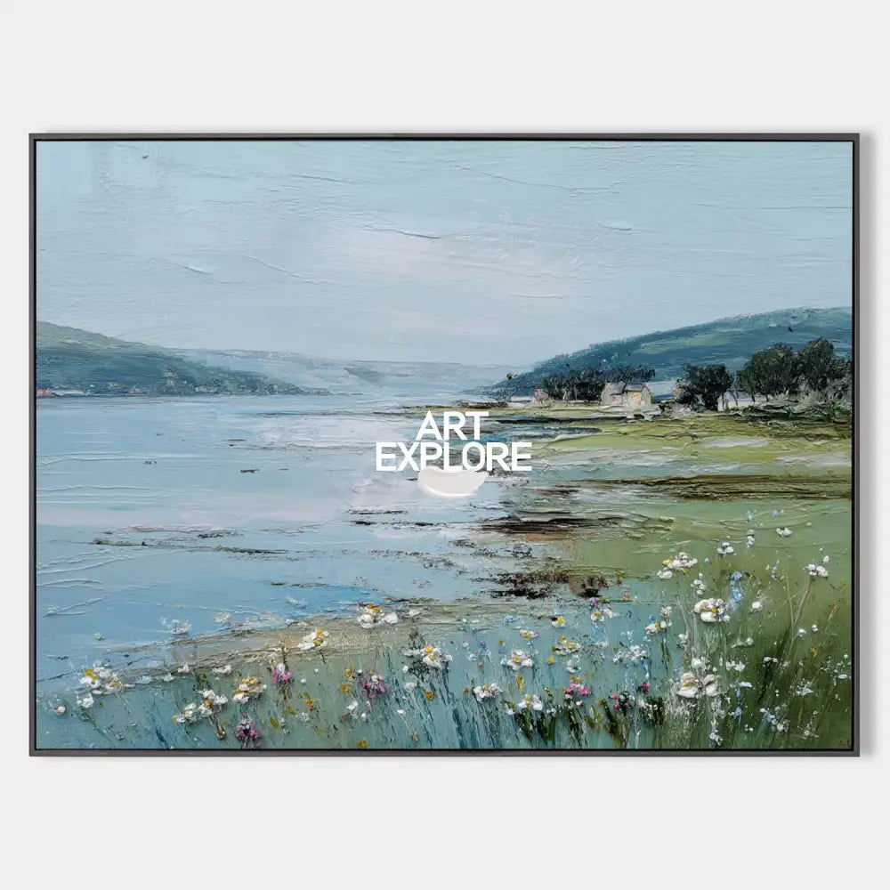 Large Blue Scenery Oil Painting Blue Lake Textured Wall Art Modern Blue Landscape Wall Art For Sale