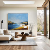 Large Blue Lake View Oil Painting Lake Textured Canvas Art Modern Blue Abstract Landscape Wall Art