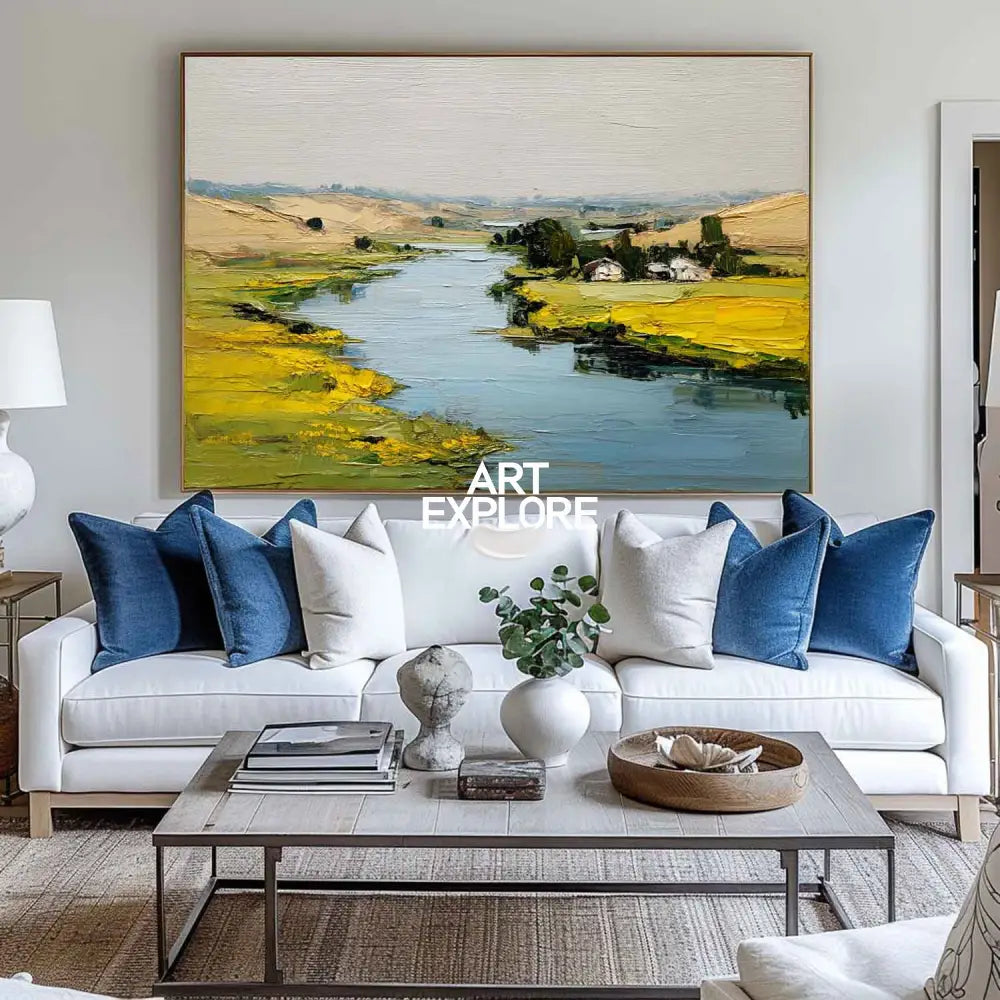 Large Blue Lake Painting Blue Lake View Canvas Art Modern Blue Textured Landscape Wall Art For Sale