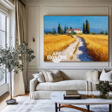 Contemporary Scenery Art Decor – Golden Field & Villa Landscape Painting with Rich Textural Detail