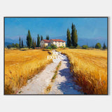 Modern Landscape Wall Decor Art – Golden Wheat Fields and Rich Textured Countryside Path Painting