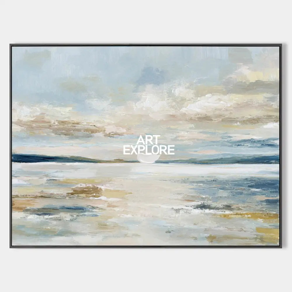 Sunrise Misty Lake Oil Painting – Large Blue Beige Abstract Landscape Wall Art by ArtExplore