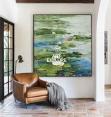 Green Lotus Oil Painting Green Pond Textured Artworks Large Green Abstract Canvas Art For Livingroom
