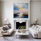 Large Blue Sea and Sunset Oil Painting Blue Seaside Textured Wall Art Modern Blue Abstract Fine Art