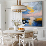 Large Blue Sea and Sunset Oil Painting Blue Seaside Textured Wall Art Modern Blue Abstract Fine Art