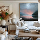 Large Dark Blue Sea and Sunset Painting Seaside Textured Art Modern Blue Abstract Wall Art For Sale