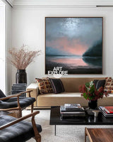 Large Dark Blue Sea and Sunset Painting Seaside Textured Art Modern Blue Abstract Wall Art For Sale