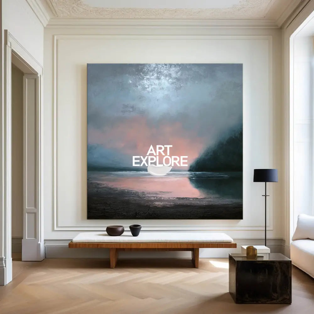 Large Dark Blue Sea and Sunset Painting Seaside Textured Art Modern Blue Abstract Wall Art For Sale