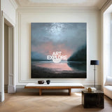 Large Dark Blue Sea and Sunset Painting Seaside Textured Art Modern Blue Abstract Wall Art For Sale