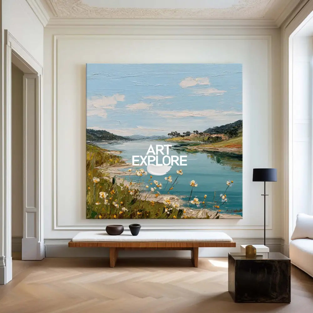 Large Blue Lake View Oil Painting Blue Lake Textured Art Blue Abstract Landscape Wall Art For Sale
