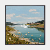 Large Blue Lake View Oil Painting Blue Lake Textured Art Blue Abstract Landscape Wall Art For Sale