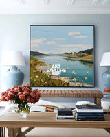 Large Blue Lake View Oil Painting Blue Lake Textured Art Blue Abstract Landscape Wall Art For Sale