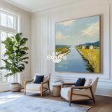 Blue Rural Lake Scenery Oil Painting Large Blue Lake Textured Abstract Landscape Wall Art For Sale