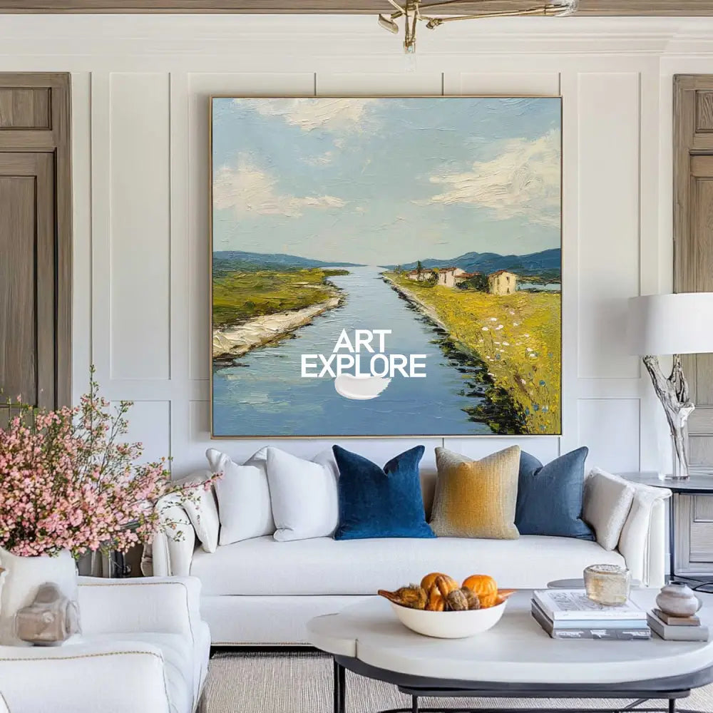 Blue Rural Lake Scenery Oil Painting Large Blue Lake Textured Abstract Landscape Wall Art For Sale
