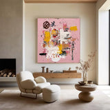 Large Pink Abstract Graffiti Wall Art, Thick Textured Pink Canvas Painting for Fireplace