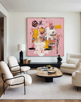 Large Pink Abstract Graffiti Wall Art, Thick Textured Pink Canvas Painting for Sale