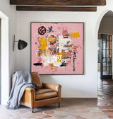 Large Pink Abstract Graffiti Wall Art, Thick Textured Pink Canvas Painting for Entry Way