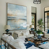 Hand-Painted Blue Horizon Wall Art – Minimalist Scenic Canvas Painting for Contemporary Office or Dining Room Decor