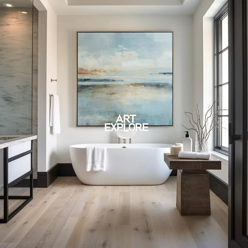 Large Modern Wall Art for Living Room – Abstract Handmade Blue Landscape Canvas by ArtExplore for Spacious Interiors