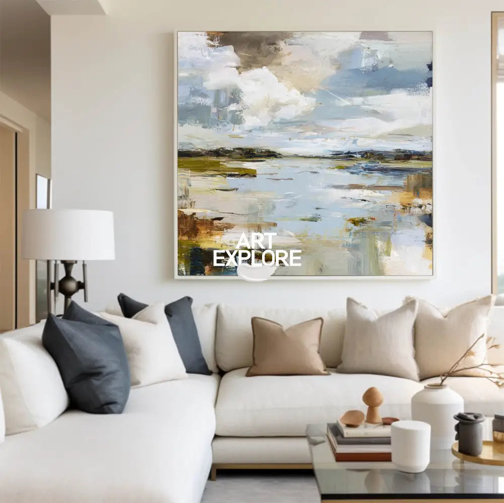 Large Handmade Blue Lake Texture Painting – Modern Abstract Scenery Canvas Wall Art for Contemporary Home Decor