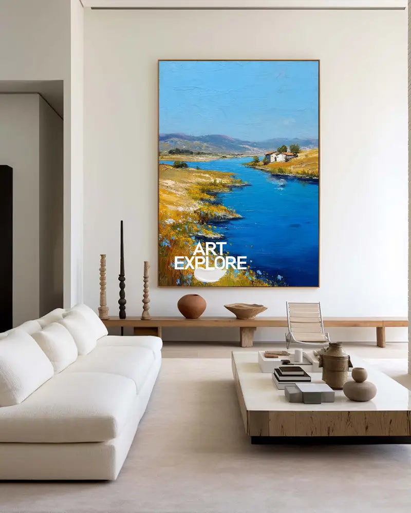 Large Blue Lake View Painting Modern Blue Landscape Wall Art Lake Impressionist Texture Wall Art