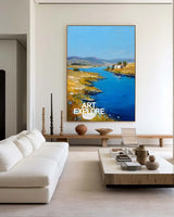 Large Blue Lake View Painting Modern Blue Landscape Wall Art Lake Impressionist Texture Wall Art