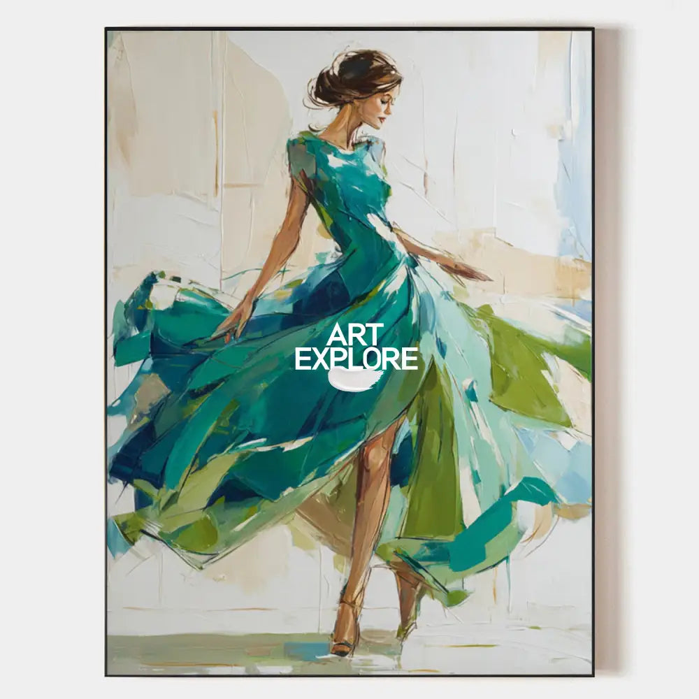Large Painting of Elegant Woman in Flowing Green Dress | Green Wall Decor Painting for Living Room