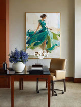 Large Painting of Elegant Woman in Flowing Green Dress | Green Wall Decor Painting for Living Room