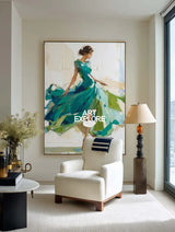 Large Painting of Elegant Woman in Flowing Green Dress | Green Wall Decor Painting for Living Room