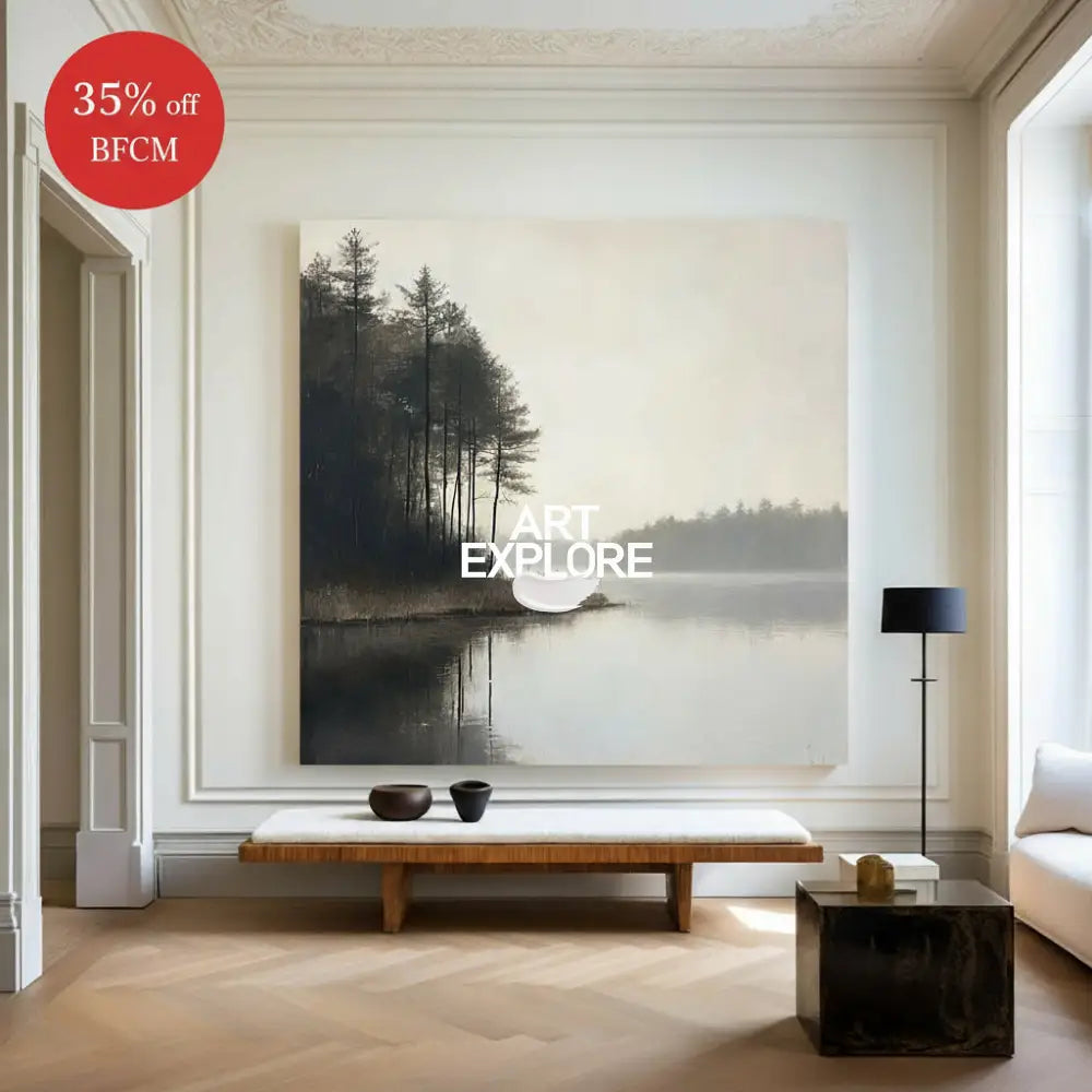 Large Lake Scenery Painting Textured Landscape Lake Canvas Wall Art Black White Painting For Sale