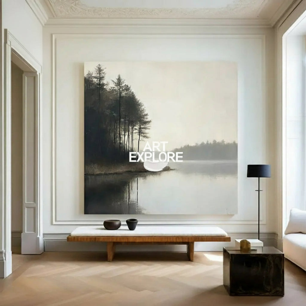 Large Lake Scenery Painting Textured Landscape Lake Canvas Wall Art Black White Painting For Sale