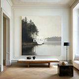 Large Lake Scenery Painting Textured Landscape Lake Canvas Wall Art Black White Painting For Sale
