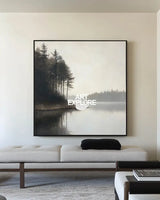 Large Lake Scenery Painting Textured Landscape Lake Canvas Wall Art Black White Painting For Sale