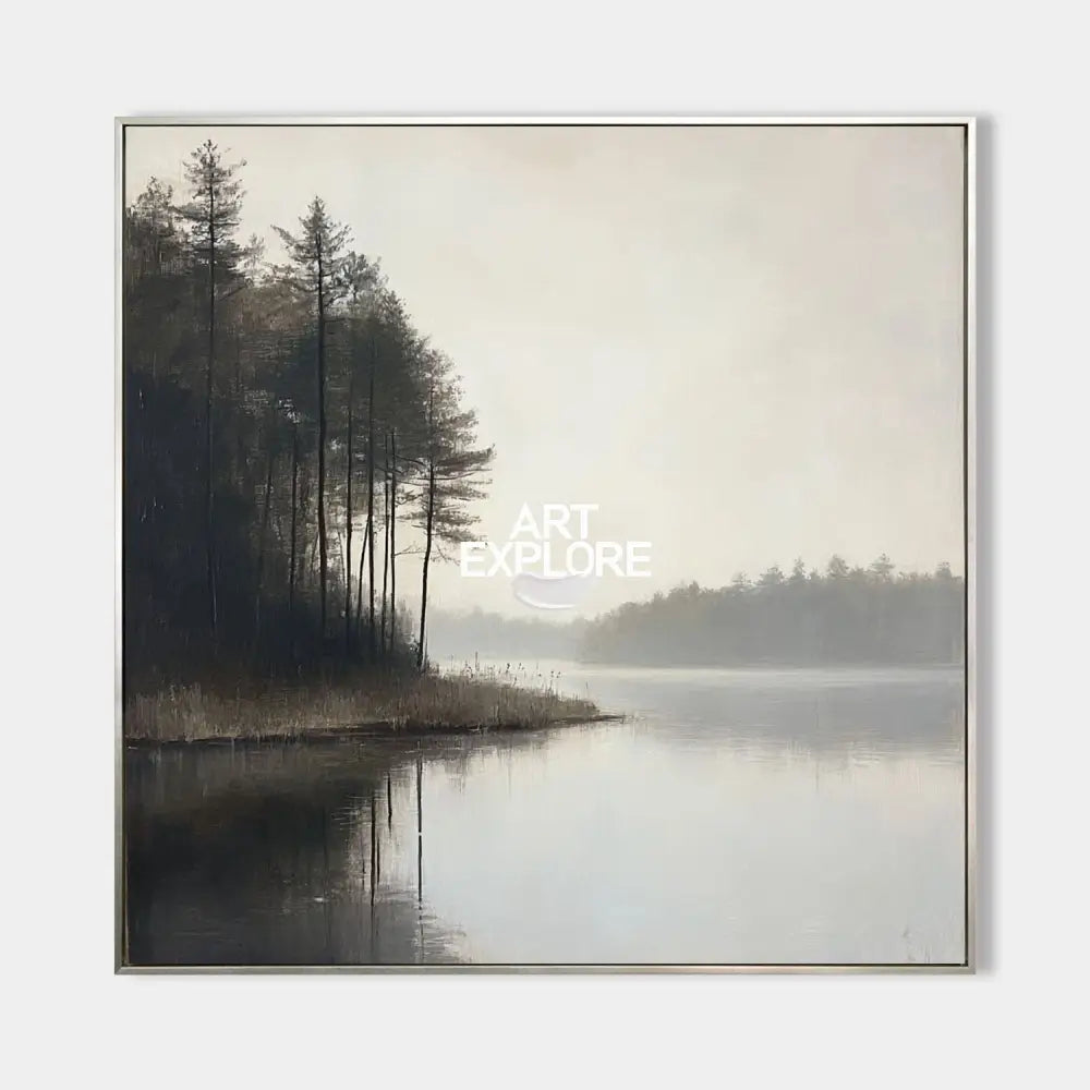 Large Lake Scenery Painting Textured Landscape Lake Canvas Wall Art Black White Painting For Sale