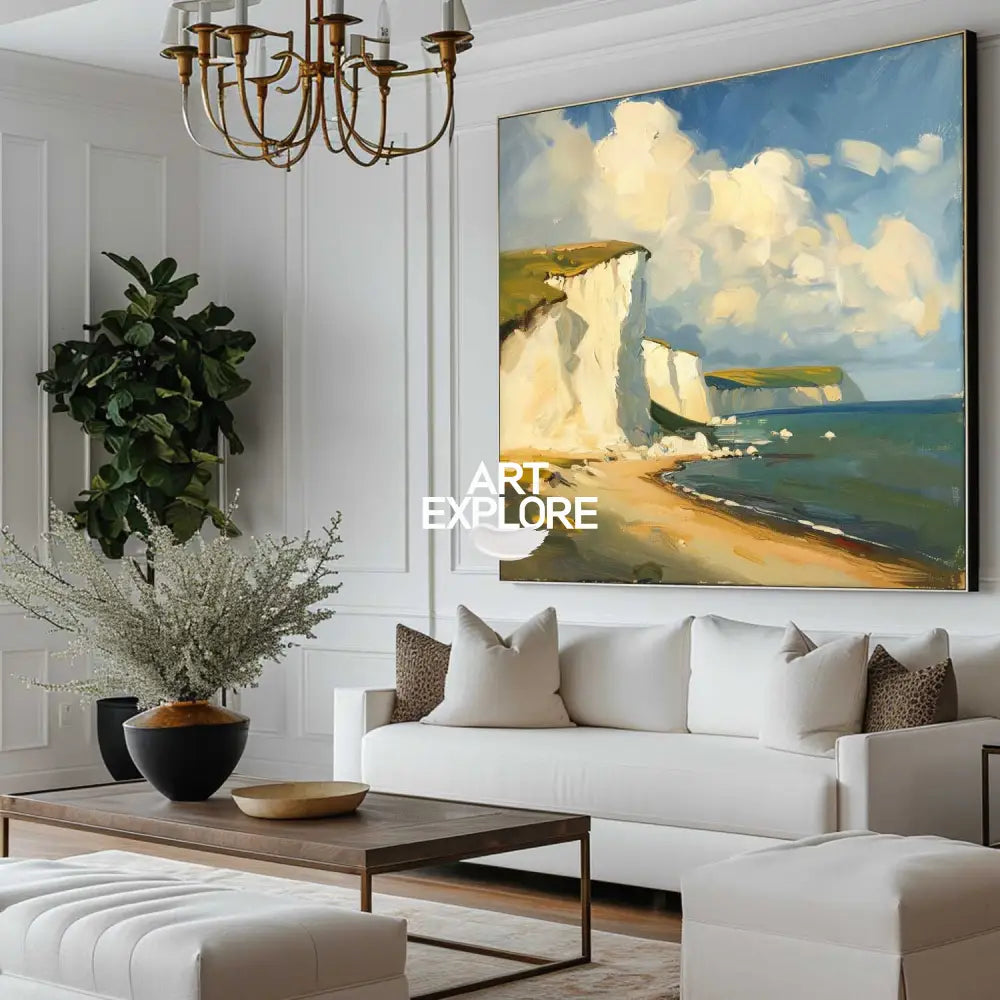 Modern Famous Seaside Art Canvas Painting White Cliff Landscape Painting American Art For Sale