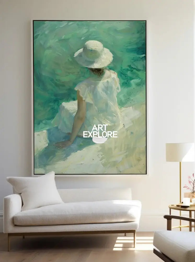 Large Woman's Portrait Oil Painting, Green Beautiful Girl Wall Art For Sale Impressionistic Painting