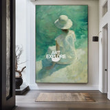 Large Woman's Portrait Oil Painting, Green Beautiful Girl Wall Art For Sale Impressionistic Painting