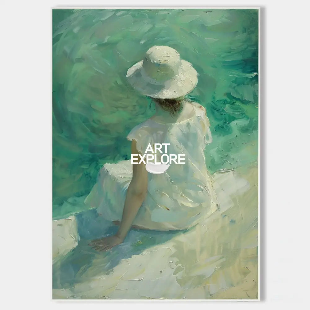 Large Woman's Portrait Oil Painting, Green Beautiful Girl Wall Art For Sale Impressionistic Painting