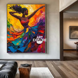 Modern Black Woman Dancing Painting, Beautiful Girl Wall Art Large Colorful Thick Texture Art