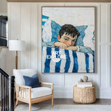Large Boy's Portrait Oil Painting, Boy with Blue Shirt Wall Art Modern Impressionistic Painting