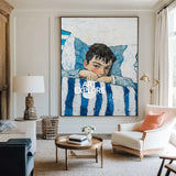 Large Boy's Portrait Oil Painting, Boy with Blue Shirt Wall Art Modern Impressionistic Painting