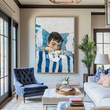 Large Boy's Portrait Oil Painting, Boy with Blue Shirt Wall Art Modern Impressionistic Painting