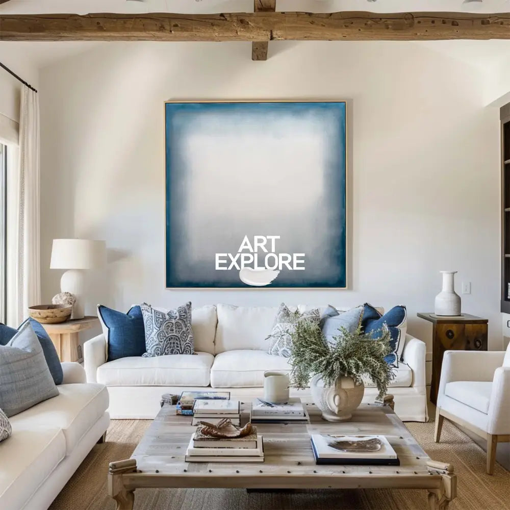 Large Blue Minimalist Oil Painting for Living Room | Modern Wabi-Sabi Art - ArtExplore