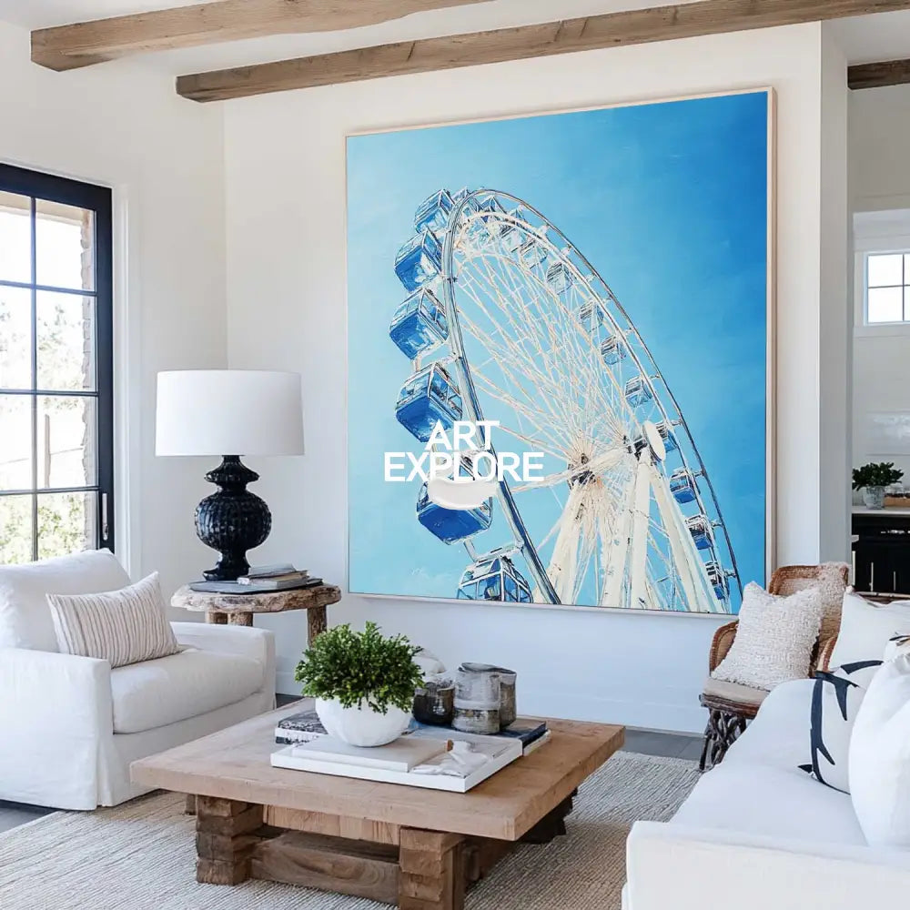 Large Blue Ferris Wheel Art Painting Blue Textured Wall Art Painting Modern Living Room Wall Art
